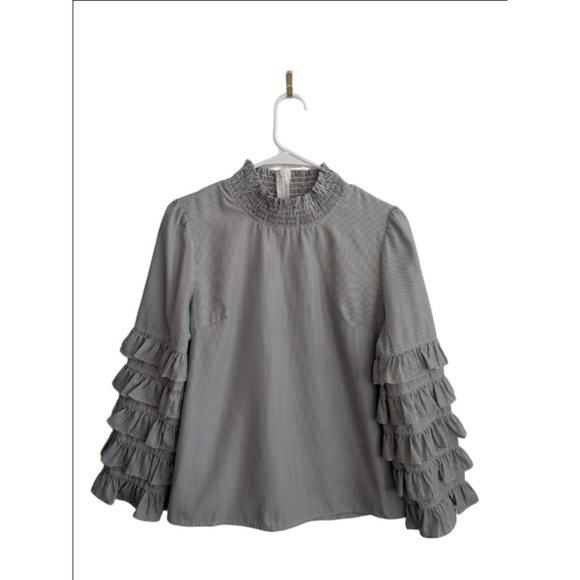 Women's GRACIA M Striped Ruffle Mock Neck Blouse Black White - Picture 2 of 6